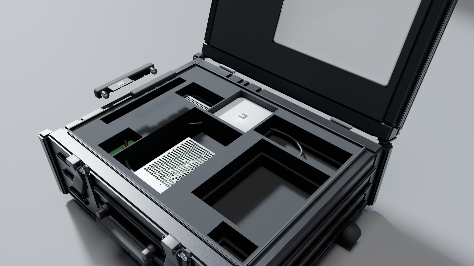 Outpost Lite kit open: Mini array and UX7 packed, LRS-150 in the power well, Ultra and U7 pockets empty charcoal.