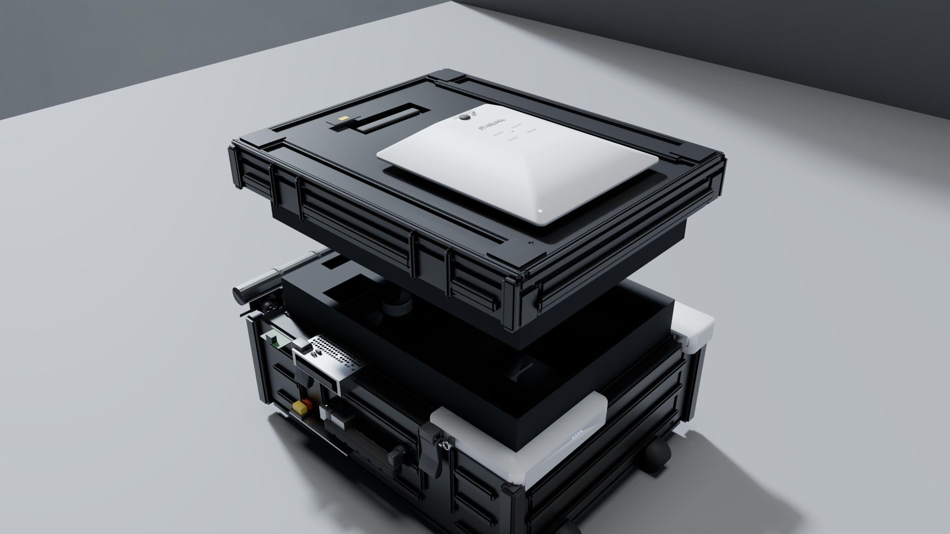 Exploded Outpost kit with opaque internals: case, foam, UniFi, PSU, and I/O plate.