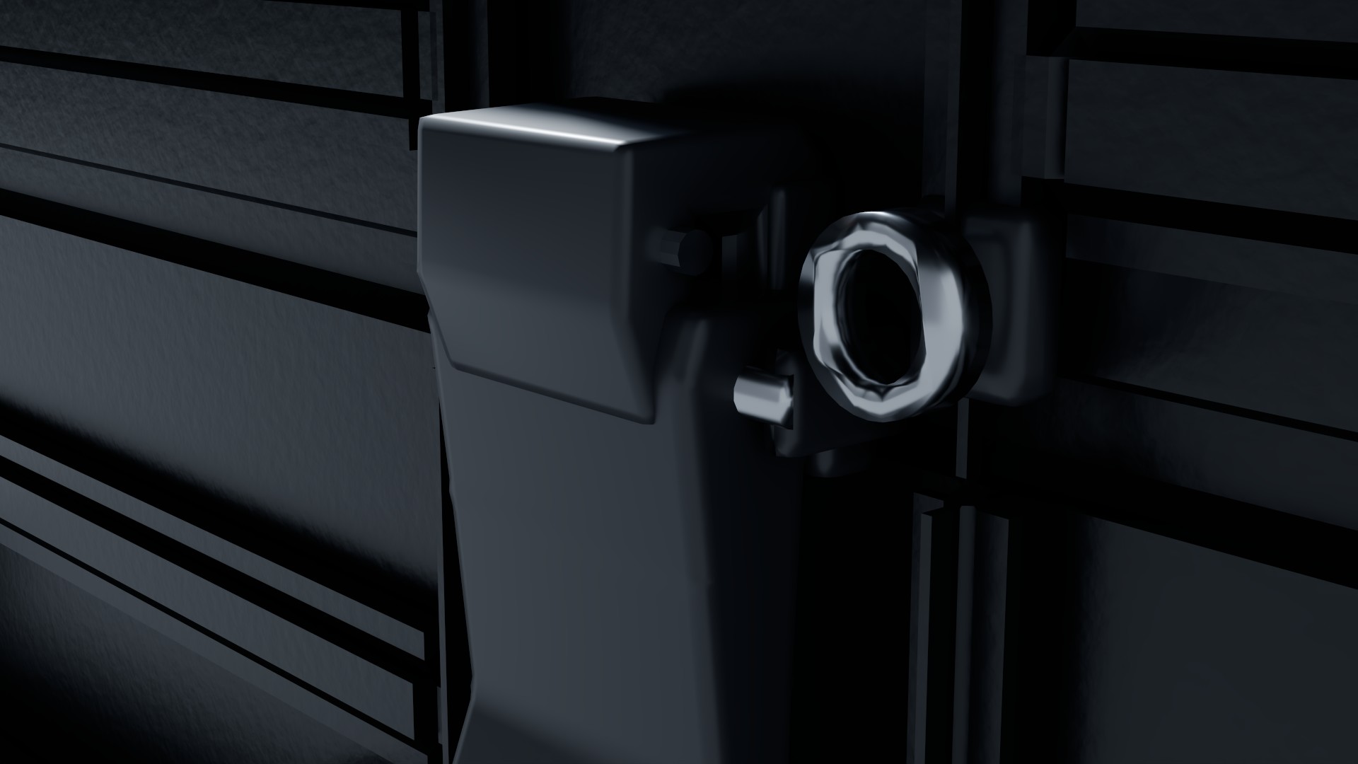 Macro of a Pelican double-throw latch, hasp, and stainless pin on the Outpost case.