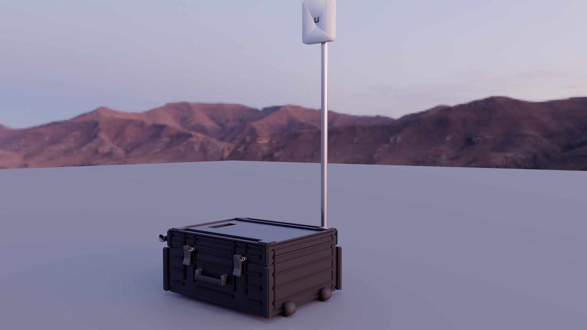 Event kit at dusk with U7 Outdoor on a pole next to the Outpost case.